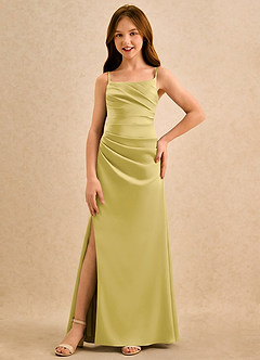 Azazie Cannoli Girls Formal Robe Demoiselle D'honneur Fillette Robe Trapèze en Satin extensible Plissée Canari image3