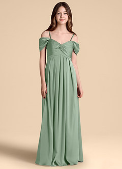 Azazie Kaitlynn Junior Abito A-Line in Raso Elasticizzato a Spalla Scoperta Matcha image1