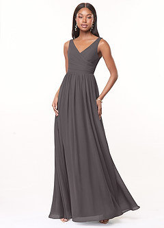 Azazie Keyla Bridesmaid Dresses Steel Grey A-Line V-Neck Pleated Chiffon Dress image1