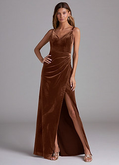 Azazie Leo Bridesmaid Dresses Umber Sheath Pleated Velvet Dress image3