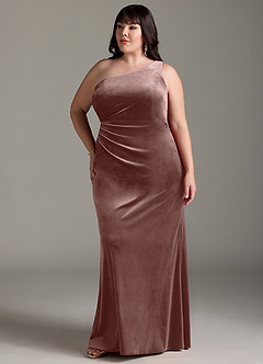 Azazie Argan Bridesmaid Dresses Espresso A-Line One Shoulder Pleated Velvet Dress image11