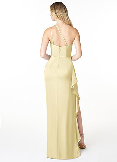 Azazie Latrice Bridesmaid Dresses Lemon Sorbet Sheath One Shoulder Cascading Ruffles Stretch Satin Dress image2