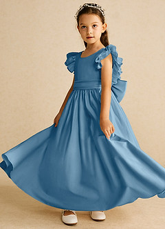 Azazie Piglette Flower Girl Dresses Steel Blue A-Line Bow Matte Satin Dress image2