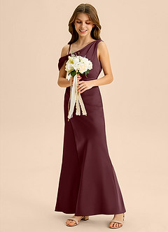 Azazie Madelyn Junior Osłona Zza ramienia Satyna elastyczna Długość podłogi Młodsza druhna Sukienka image5