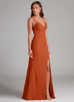 Azazie Maci Bridesmaid Dresses Burnt Orange Sheath Pleated Chiffon Dress image4