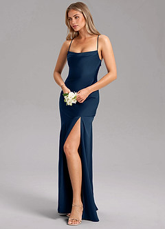 Azazie Grata Bridesmaid Dresses Dark Navy Sheath Side Slit Stretch Satin Dress image4