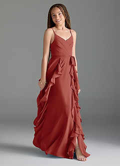 Azazie Peyton Junior Terracotta A-Line V-Neck Cascading Ruffles Chiffon Dress image3