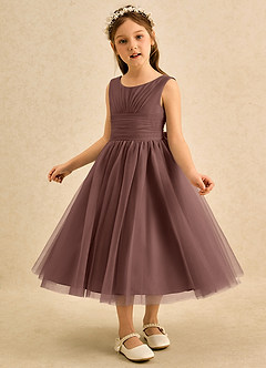 Azazie Macaron Flower Girl Dresses Espresso A-Line Pleated Tulle Dress image4