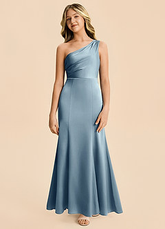 Azazie Ren Junior Robe Trapèze en Satin extensible Plissé Bleu Poussiéreux image5