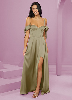 Barbie ♥ Azazie Bridesmaid Dresses Moss Green A-Line Off the Shoulder Stretch Satin Dress image6