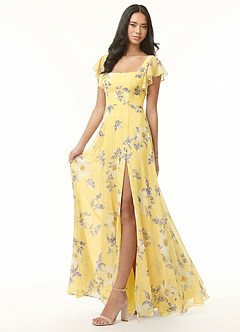 Azazie Bondi Robes de demoiselle d'honneur Robe Trapèze en Mousseline de soie Volant Sorbet Au Citron,Fleurs Du Nouvel An image4