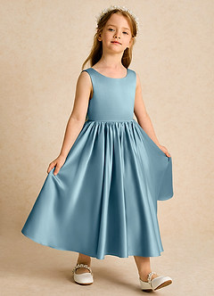 Azazie Doodlebug Flower Girl Dresses Moody Blue A-Line Bow Matte Satin Dress image2