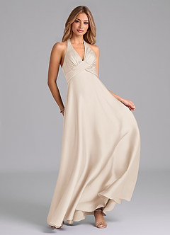 Azazie Tessie Vestidos de damas de honor Vestido de Alabastro Blanco de Satén Elástico de Corte en A con Plisado image3