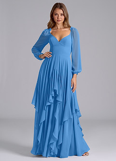 Azazie Karan Bridesmaid Dresses Blue Jay A-Line Long Sleeve Chiffon Dress image3