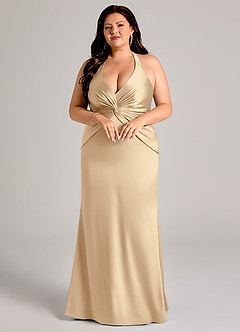 Azazie Valerie Vestidos de damas de honor Vestido de Champán de Satén Elástico de Corte Sirena con Plisado image3