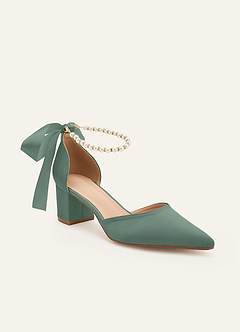 front Matching Color Matte Satin Pearl and Bow Pointed Toe Block Heels