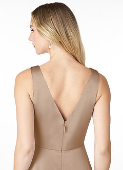 Azazie Nelly Bridesmaid Dresses Taupe A-Line V-Neck Pleated Stretch Satin Dress image5