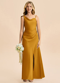 Azazie Abby Junior Robe Trapèze en Satin extensible Plissée Caramel écossais image4