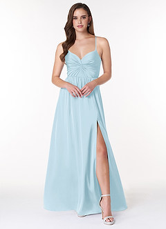 Azazie Raya Bridesmaid Dresses Sky Blue A-Line V-Neck Pleated Stretch Satin Dress image1
