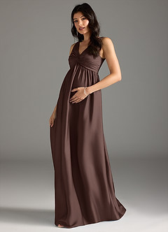 Azazie Yetta Robes de demoiselle d'honneur de maternité Robe Trapèze Plissée Longueur ras du sol Satin extensible image1