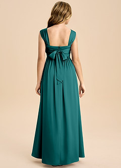 Azazie Hattie Junior Abito A-Line in Raso Elasticizzato Plissettato Verde Pavone image2