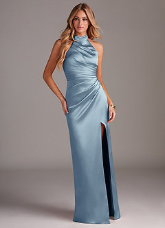 Azazie Jemma Vestidos de damas de honor Vestido de Azul Polvoriento de Satén Elástico de Corte Recto con Plisado image3