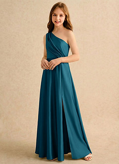 Azazie Puddles Girls Formal Robe Demoiselle D'honneur Fillette Robe Trapèze en Satin extensible Une épaule Bleu Encre image4