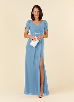 Azazie Marianne vestidos de madre de la novia Vestido de Azul Acero de Gasa de Recto con Cuello en V plisado image4