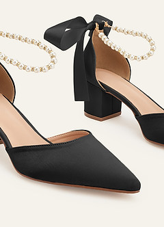 front Tacones de bloque con punta en punta, satén mate, perla y lazo en color a juego
