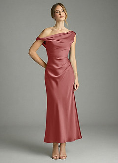 Azazie Emerson Robes de demoiselle d'honneur Robe Sirène en Satin extensible Épaule décolletée Antique Rose image1