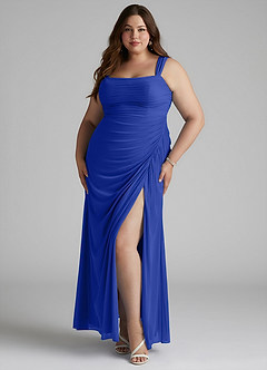 Azazie Jesaphine Robes de demoiselle d'honneur Robe Fourreau en Maille Ruché Bleu Roi image6