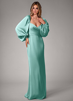 Azazie Sonata Bridesmaid Dresses Aqua Sheath Long Sleeve Stretch Satin Convertible Dress image4