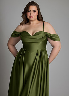 Azazie Loisa Vestidos de damas de honor Vestido Oliva de Satén Elástico de Línea A con Hombros descubiertos image14