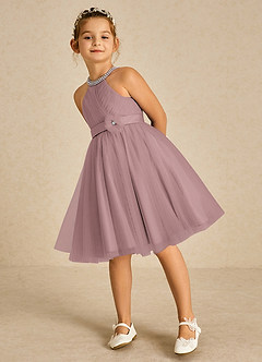 Azazie Honey Flower Girl Dresses Dusty Rose A-Line Beaded Matte Satin Dress image5