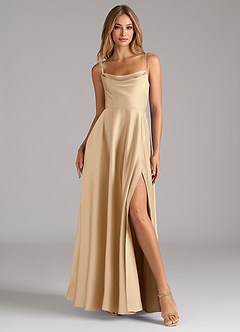 Azazie Elle Bridesmaid Dresses Champagne A-Line Pleated Stretch Satin Dress image4