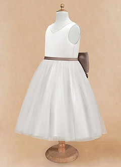 Azazie Seline Flower Girl Dresses Ivory Taupe A-Line Bow Tulle Dress image8