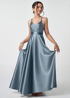 Azazie Avelina Junior Twilight A-Line Pleated Metallic Satin Dress image1