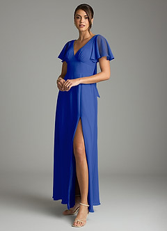 Azazie Kimber Bridesmaid Dresses Royal Blue A-Line Flounce Sleeve Chiffon Dress image5