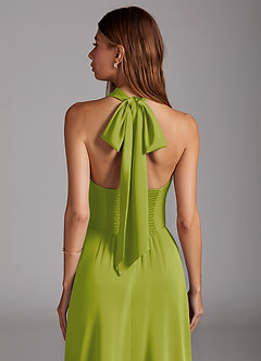 Azazie Myra Bridesmaid Dresses Lemongrass A-Line High Neck Stretch Satin Dress image2