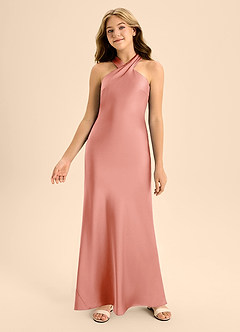 Azazie Doretta Junior Coral A-Line Pleated Stretch Satin Dress image4