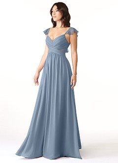 Azazie Lissa Bridesmaid Dresses Dusty Blue A-Line Lace Chiffon Dress image4
