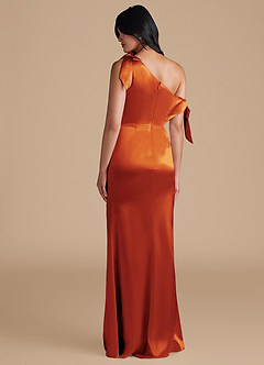 Azazie Xyla Bridesmaid Dresses Paprika Sheath Off the Shoulder Metallic Satin Convertible Dress image5