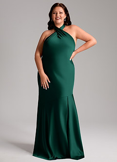 Azazie Lorena Bridesmaid Dresses Emerald Mermaid Pleated Stretch Satin Dress image7