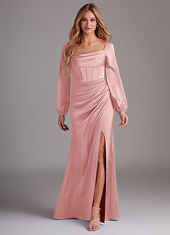 Azazie Charissa Bridesmaid Dresses Powder Pink Sheath Long Sleeve Stretch Satin Dress image4
