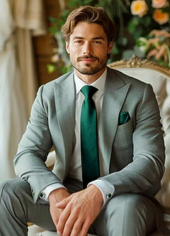 front Conjunto de corbata ancha, pañuelo de bolsillo y gemelos de satén metalizado
