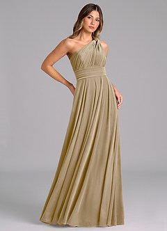 Azazie Charlize Bridesmaid Dresses Golden Tan A-Line One Shoulder Velvet Dress image4