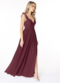 Azazie Stassie Robes de demoiselle d'honneur Robe Trapèze en Mousseline de soie Décolleté froncé Cabernet image4