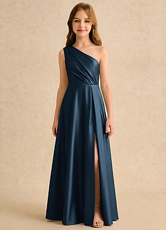 Azazie Puddles Girls Formal Robe Demoiselle D'honneur Fillette Robe Trapèze en Satin extensible Asymétrique Bleu Marine Foncé image6