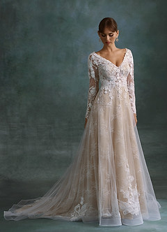 Azazie Leila Wedding Dresses Diamond White Nude A-Line V-Neck Sequins Tulle Dress image3