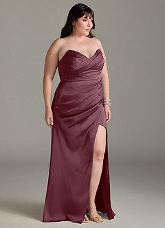 Azazie Yola Bridesmaid Dresses Sangria Sheath V-Neck Pleated Stretch Satin Convertible Dress image12